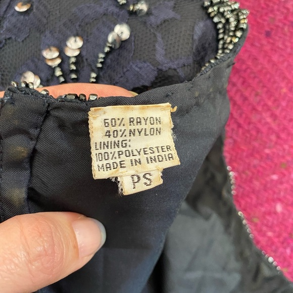 VTG SCALA NAVY BLUE BEADED EVENING GOWN DRIPPY HEM SEQUINED PS PETITE SMALL - Picture 12 of 12